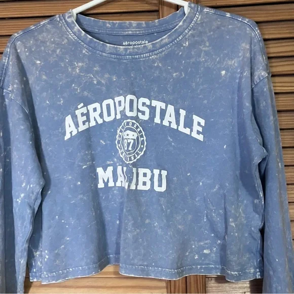 🤩Aeropostale Girls Cropped Malibu Long Sleeve Tee Blue Acid Wash 14/16 - Picture 3 of 5